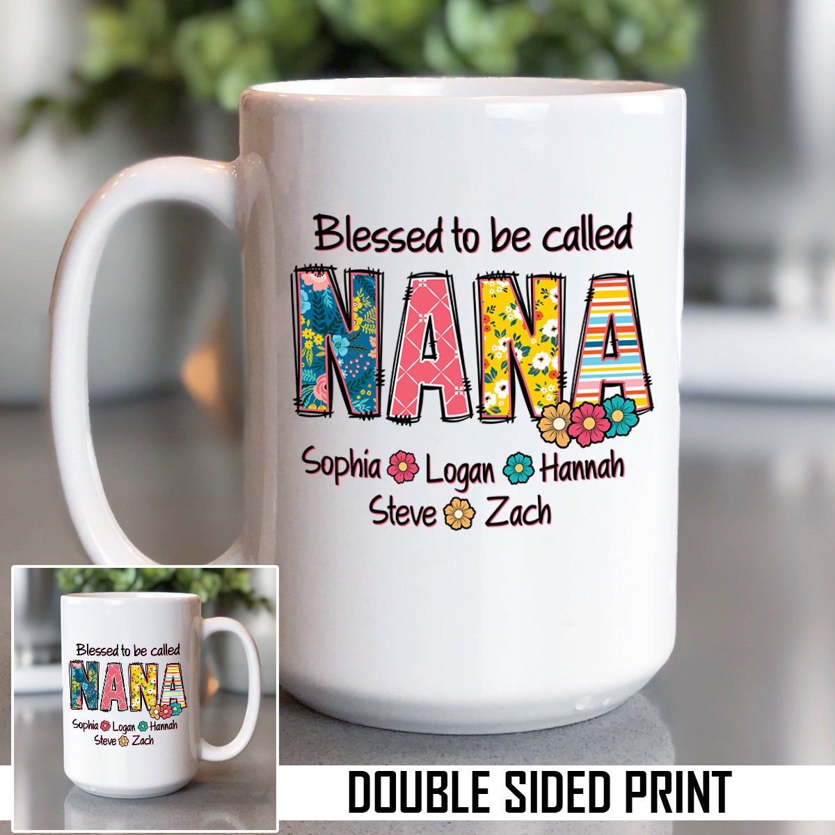 Grandparent Floral Letters Custom Name Double Sided Printed Mug