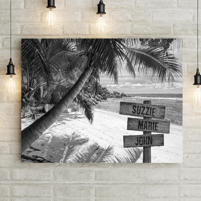 Tropical Beach Souvenir from your trip to the Carribbean, St. Thomas, Beach Wedding, White Sandy Beaches. Personalized keepsake wall art with carved wood navigation sign. Add family names, custom text, bride and groom and wedding date to this custom artwork. Display in bedroom, living room, or family room. 
