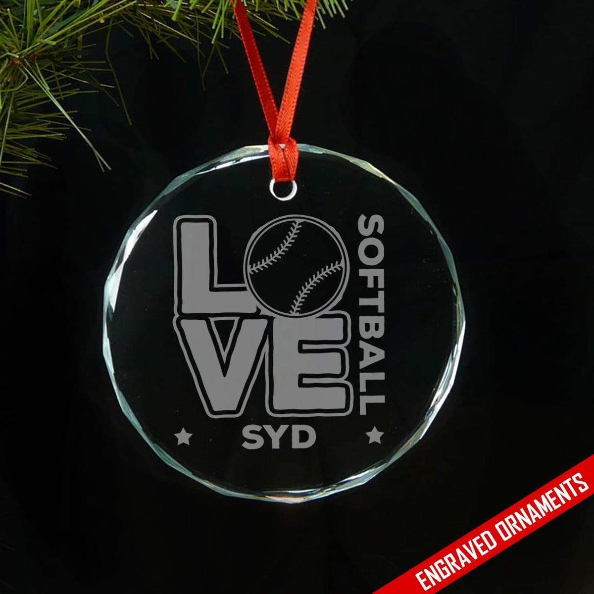 Love Softball CUSTOM Engraved Glass Ornament Ornament ZLAZER Circle Ornament 