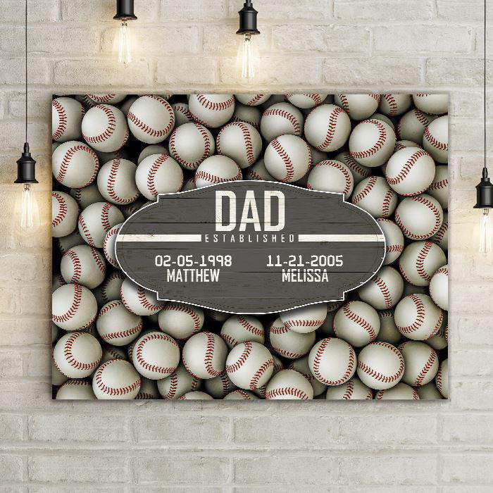 Baseball Dad Established Date Canvas Print Wall Hanging.  Beautiful Home Decor, Office Decoration, or Man Cave Sign.  Best Father's Day Gift Idea for #1 Dad. Carved wood Sign for sports enthusiast on a background of sports-themed wall art.