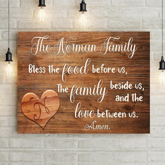 Bless the food before us, the family beside us, and the love between us personalized wood sign, Canvas Wall Art for Family Room or Kitchen. 