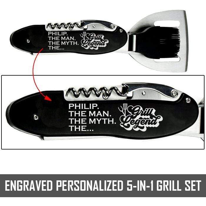 5 in 1 Personalized "The Grill Legend" BBQ/Grilling Set BBQ Nocturnal Coatings Black 10.5" BBQ/Grill Set 