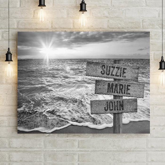 Personalized Beach Sunset Canvas Black & White Wall Art with Wooden Custom Name Street Sign