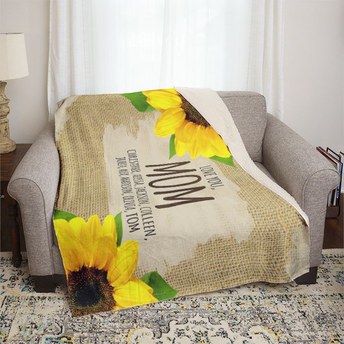 Mom We Love You Sunflowers and Burlap Personalized Mom Throw Blankets