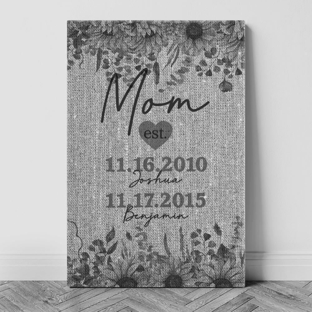Personalized Mom Established Family Name B&W Canvas - Burlap & Sunflower Canvas Wall Art