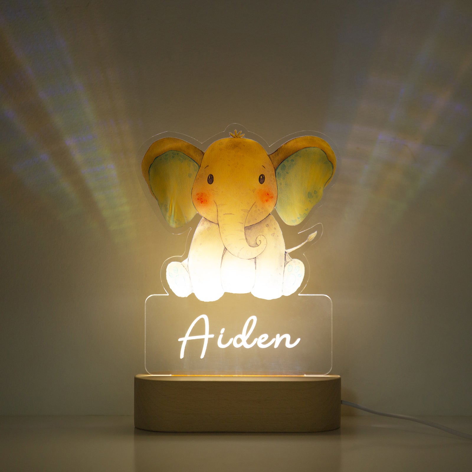 Custom Baby Elephant Night Light With Wood Colored Base