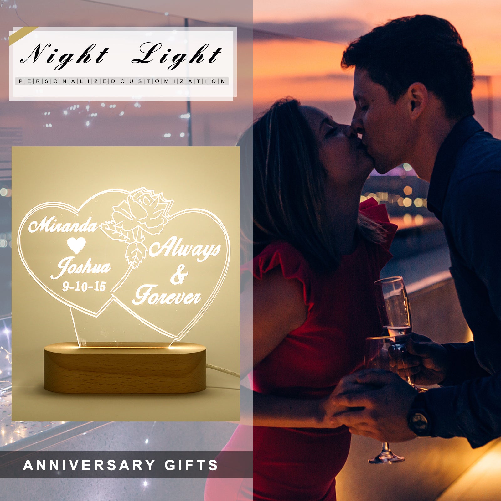 Custom Double Heart Light Lamp Engraved Name, Anniversary and Love Message