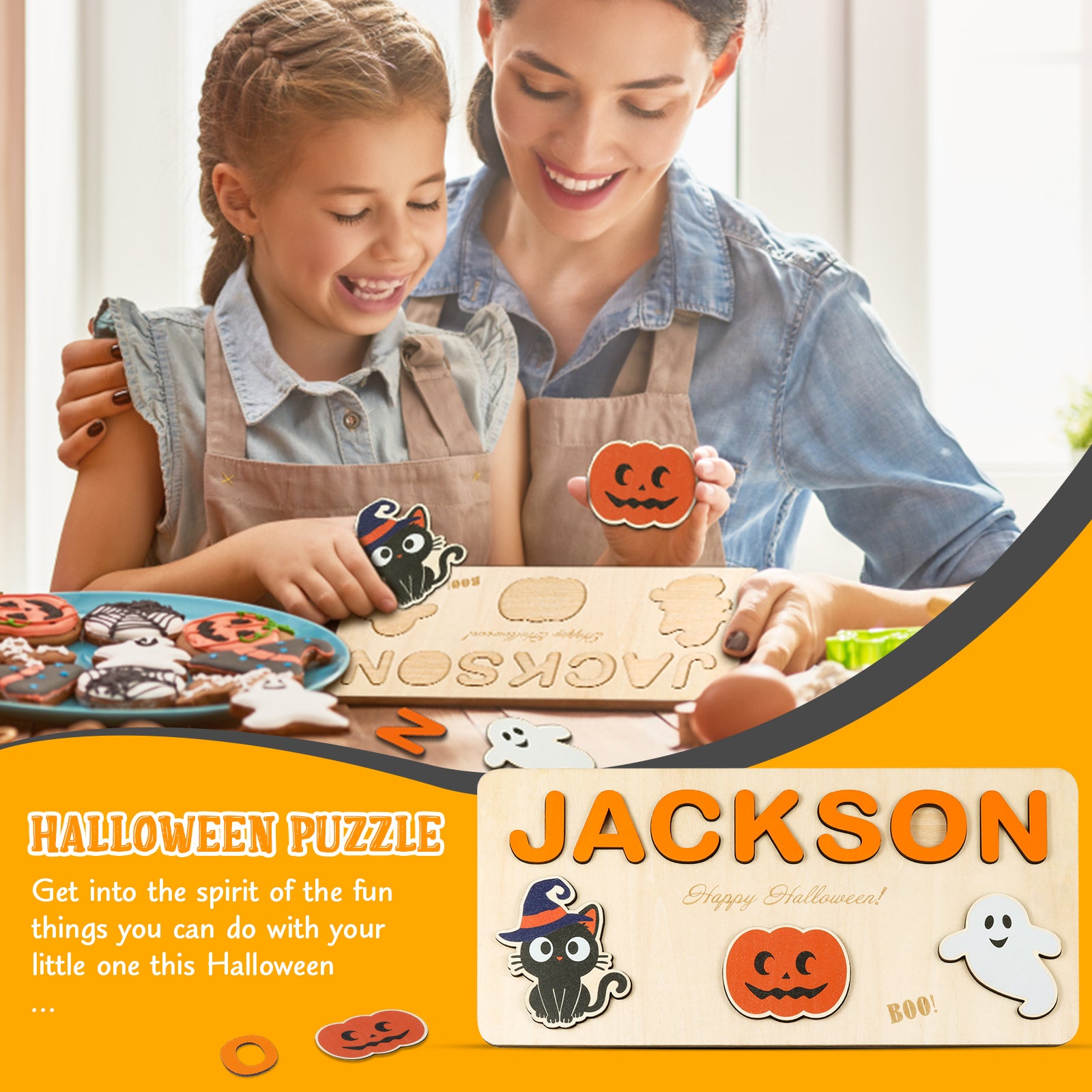 Custom Name and 3 Piece Halloween Wooden Puzzle
