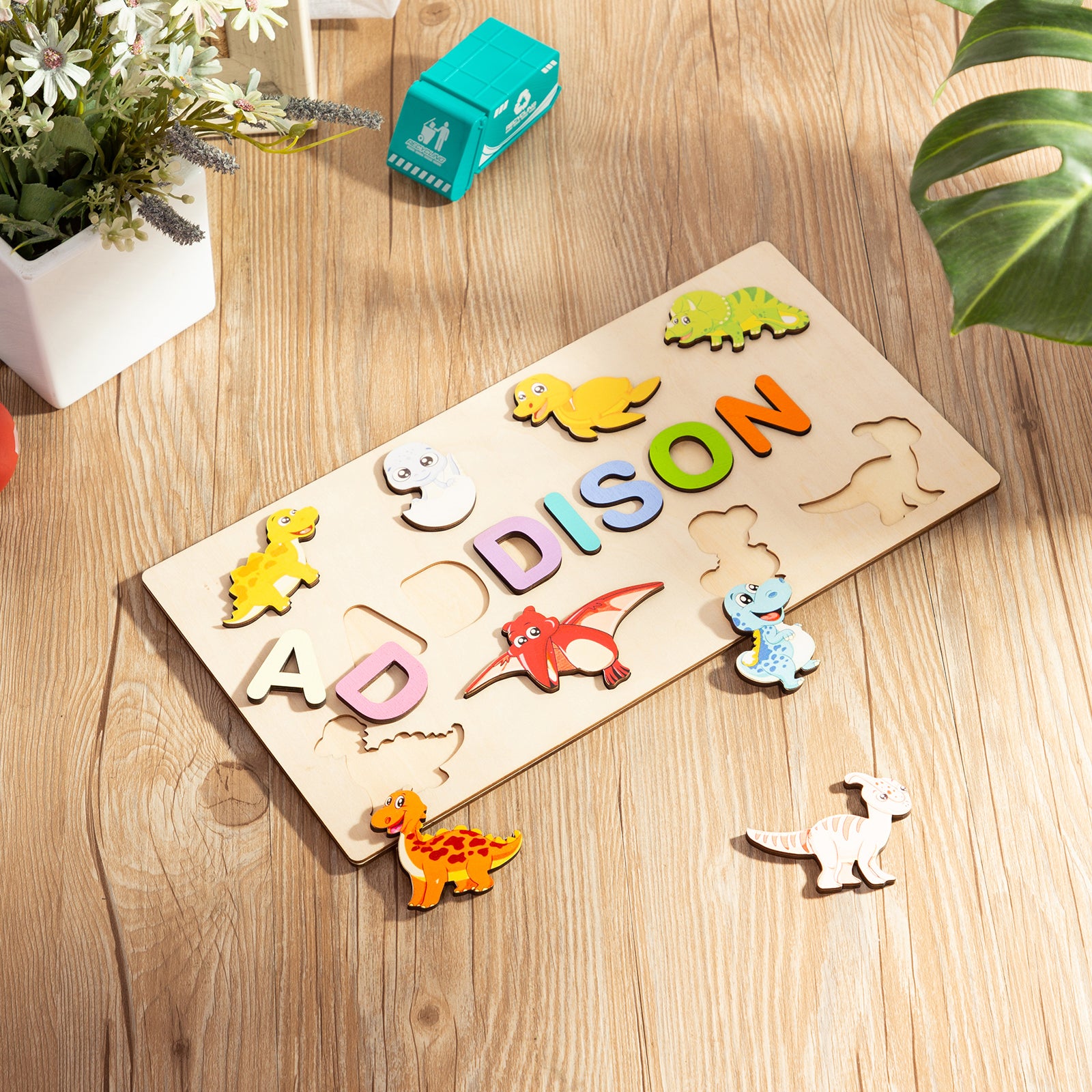 Custom Wooden Name Puzzle With 8 Dinos
