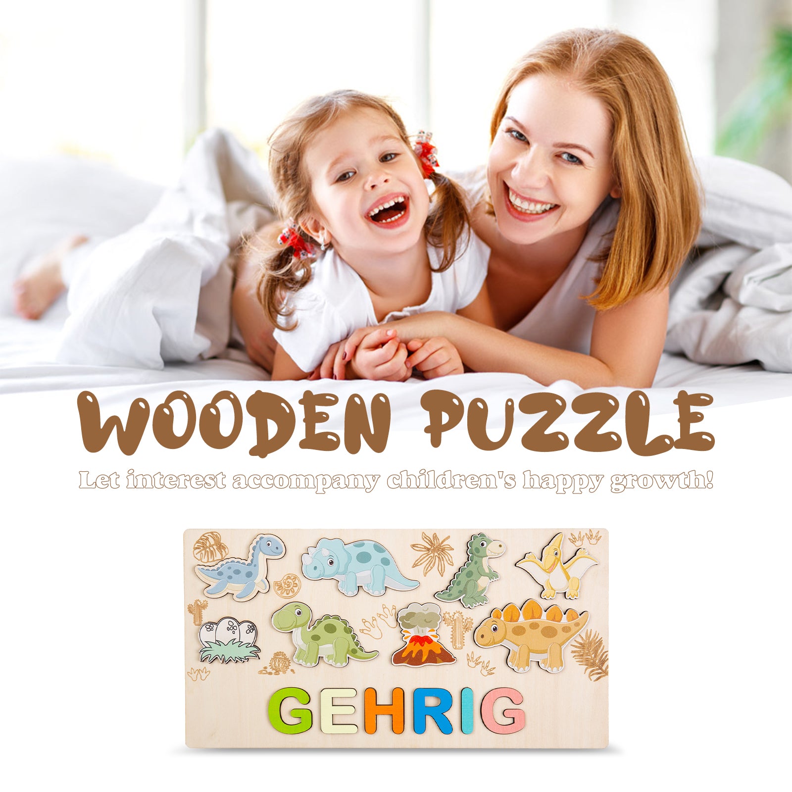 Custom Wooden Name Puzzle With 8 Fun Dino Themed Shapes