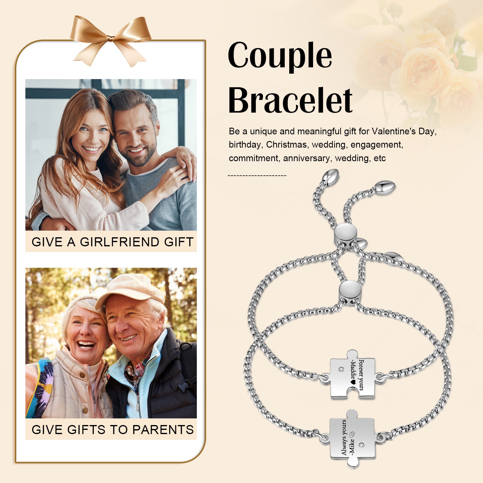 Personalized Couples/ Friendship Puzzle Bracelets with Birthstones Engrave Names Matching Bracelet