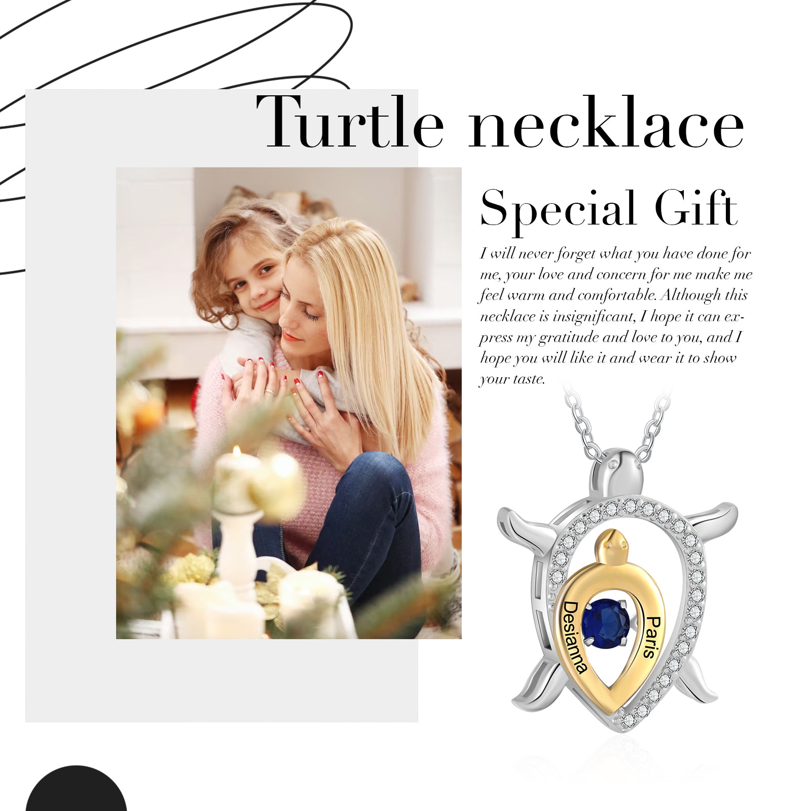 Personalized Mother and Child Turtle With Simulated Birthstone and Diamonds Necklace