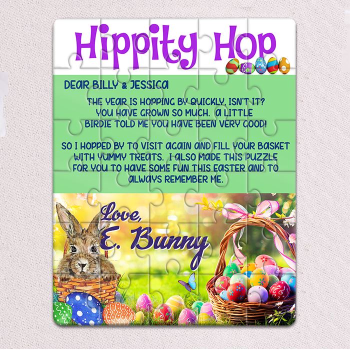 Personalized Easter Puzzles features a custom letter from the Easter Bunny on a custom jigsaw puzzle. Our Easter Puzzles for kids have custom-made art with a rabbit, Easter Eggs, and the Easter Bunny's custom name. 