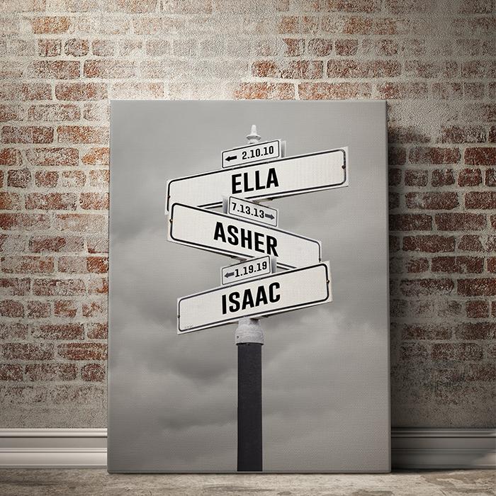 Custom Kid Birth Date + Name Personalized Street Sign Canvas Wall Art with Black and White Clouds or Tree Background. Unique Mother's Day Canvas Personalized Artwork for Mom  Custom canvas street sign art with family's birth dates and names on our premium multi-name canvas print is the best mother's day present ever!  Customize your Mother's Day Personalized Canvas Wall Art Street Name Sign Background with up to 7 family names and birthdates.
