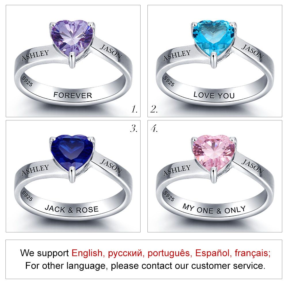 Engraved Ring With One Heart Shape Birthstone In Sterling Silver Personalized Ring For Girls and Women