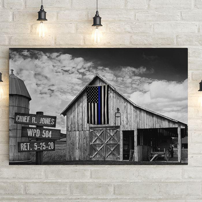 Thin blue line flag on rustic barn personalized canvas print for retirement, promotion, or enlistment. Police officer, police family, sheriff deputy, law enforcement unique gift