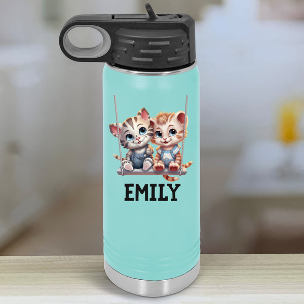 Cute Cat on a Swing Personalized Kids Bottle with Straw 20oz