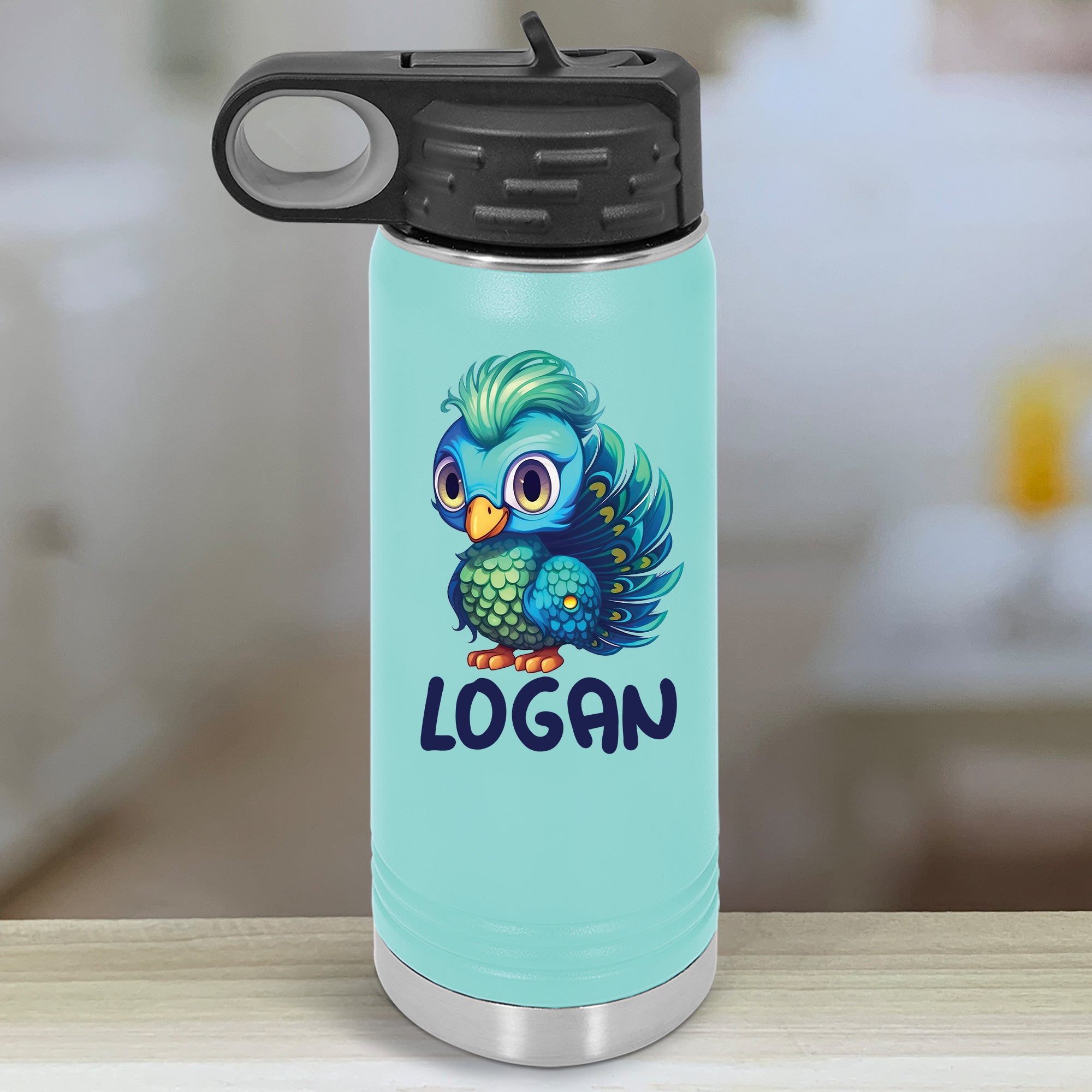Cute Peacock Personalized With Name Kids Water Bottle Tumblers