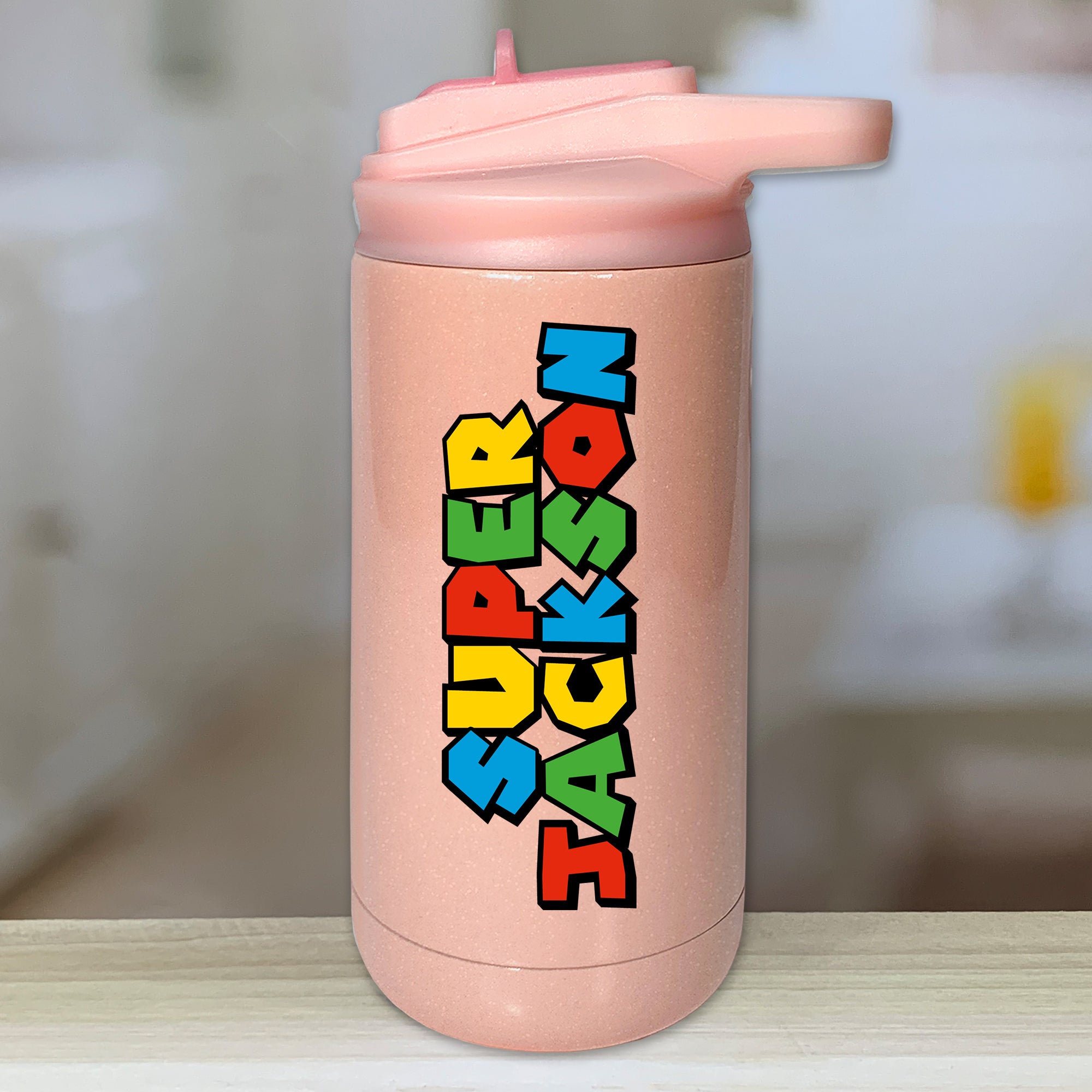 Personalized Super Kids Water Bottle Tumblers with Color Printed Name