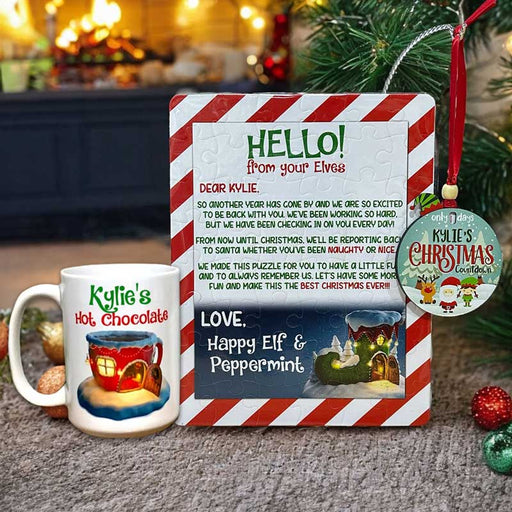 Personalized Christmas Gift basket for Kids - Elf ornament, elf mug, and personalized letter from Buddy the Elf  on a 48-piece puzzle