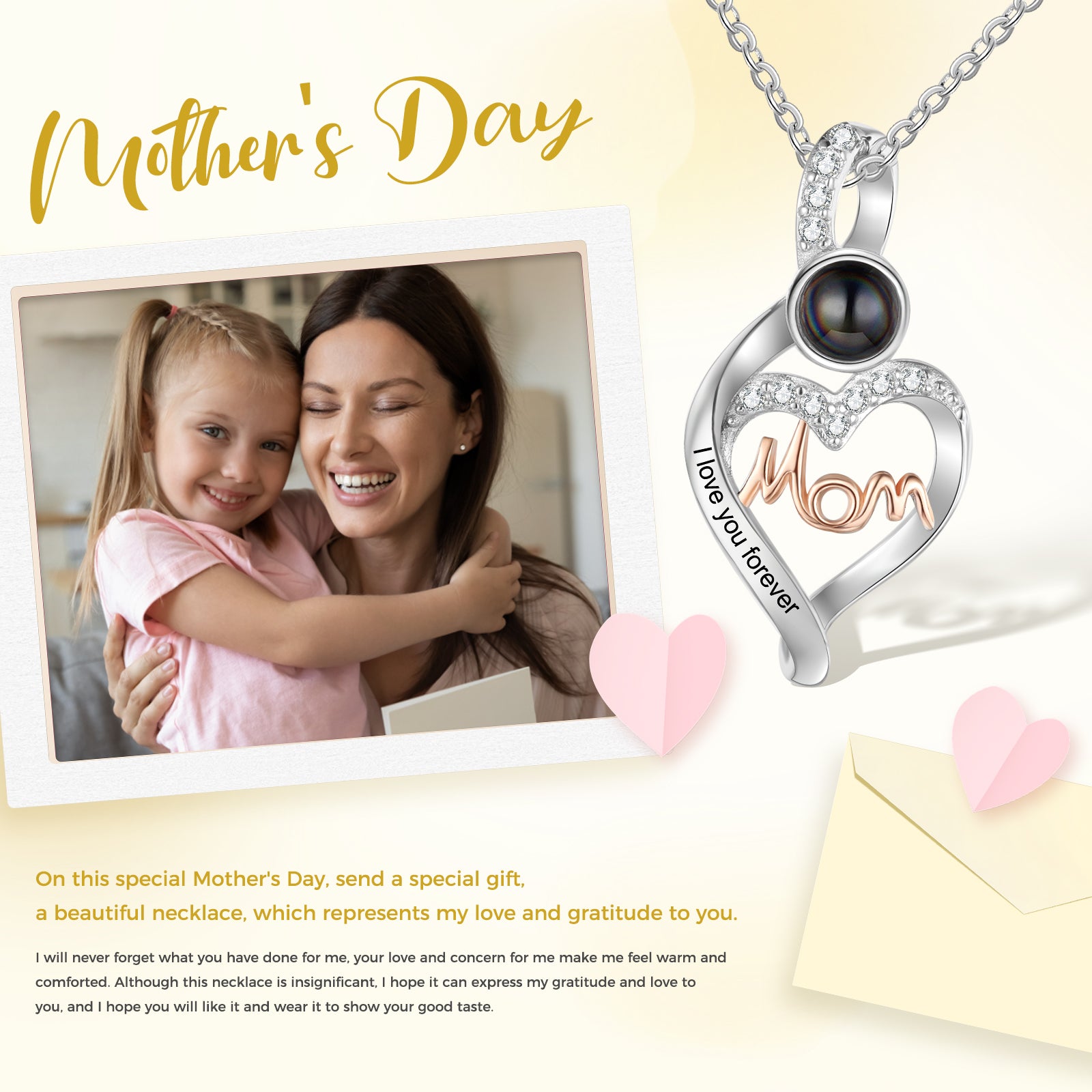 Custom Photo Projection Heart Necklace with MOM
