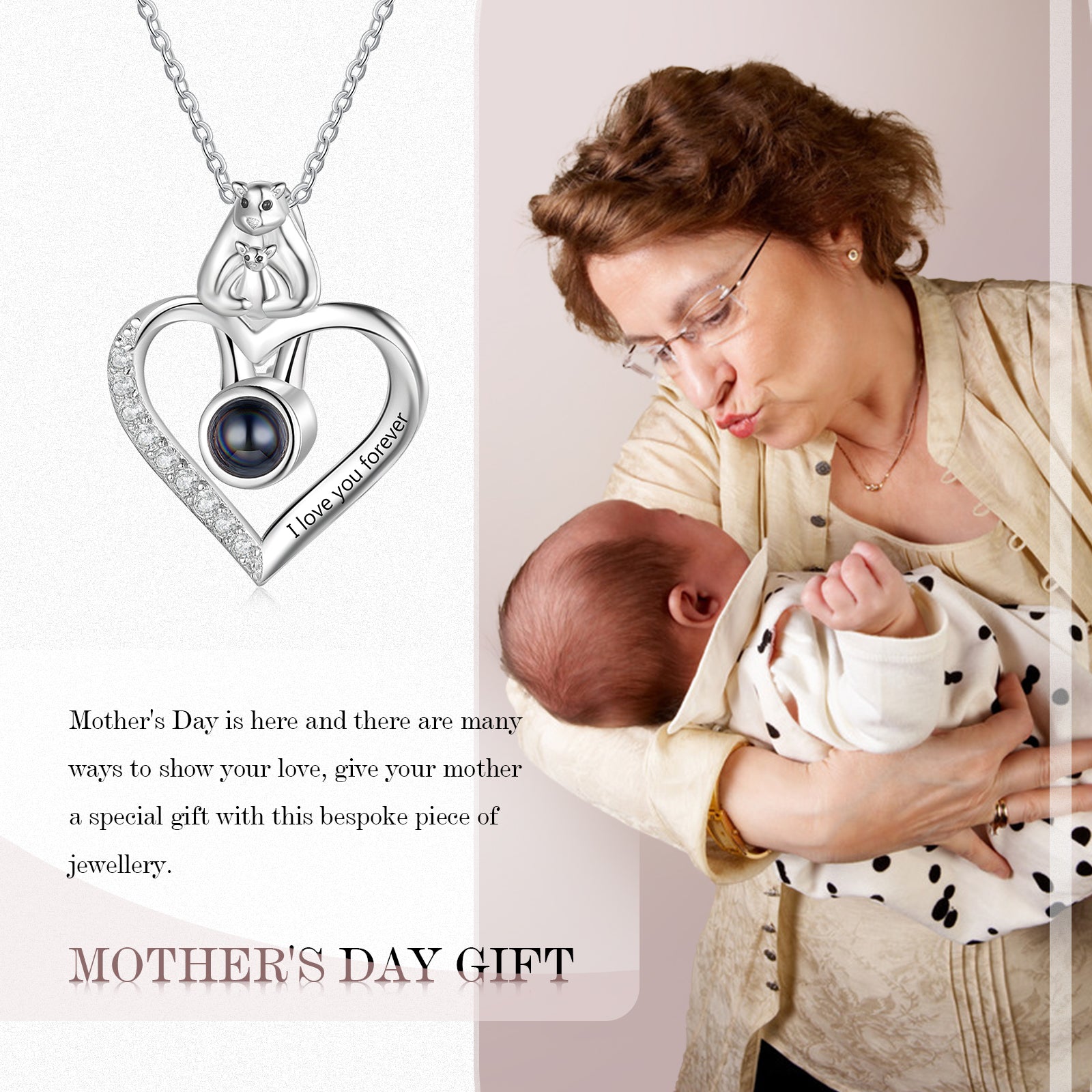 Custom Photo Projection Heart Necklace with Mother and Child Bear