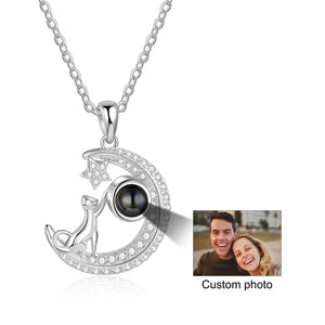 Custom Moon and Star Photo Projection Necklace with Cat
