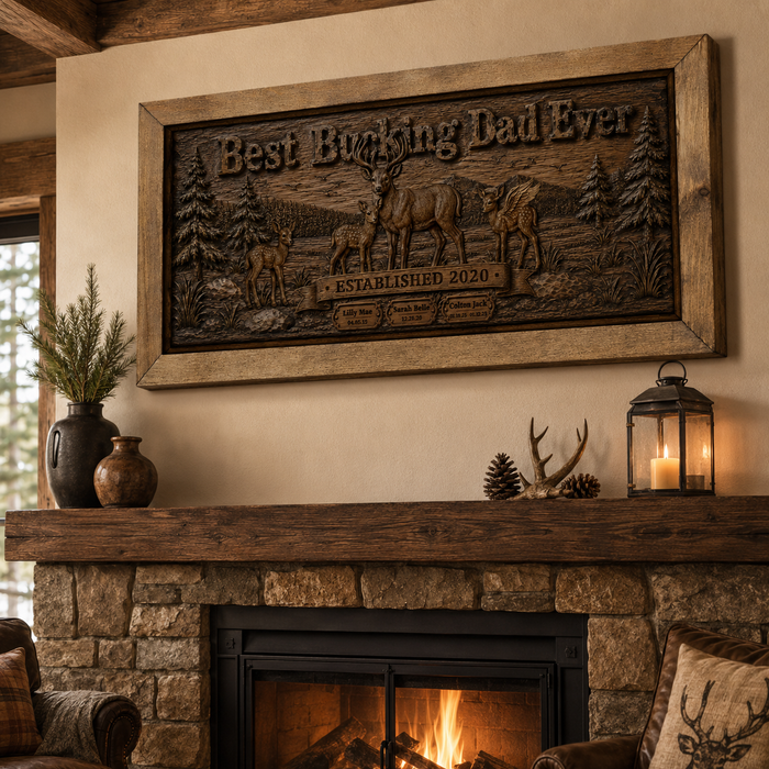 Personalized rustic deer family canvas wall art hanging over a cabin-style fireplace, featuring digitally printed woodcarving-style buck, doe, fawns, pine forest, custom family names, and established year for a hunter dad Father’s Day gift.