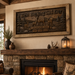 Personalized rustic deer family canvas wall art hanging over a cabin-style fireplace, featuring digitally printed woodcarving-style buck, doe, fawns, pine forest, custom family names, and established year for a hunter dad Father’s Day gift.