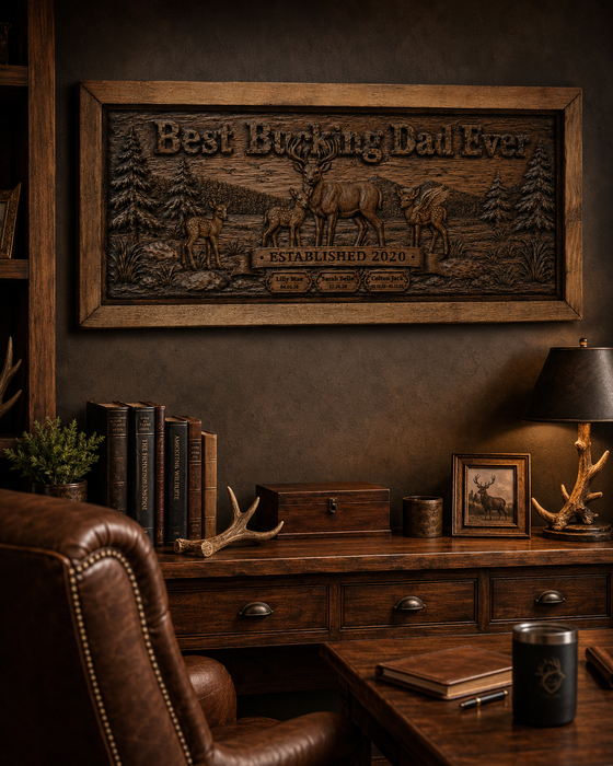 Personalized rustic deer family canvas wall art in a masculine office or study, featuring a woodcarving-style buck, doe, and fawns with custom family names and established date, perfect as a Father’s Day gift for a hunter dad.