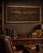 Personalized rustic deer family canvas wall art in a masculine office or study, featuring a woodcarving-style buck, doe, and fawns with custom family names and established date, perfect as a Father’s Day gift for a hunter dad.