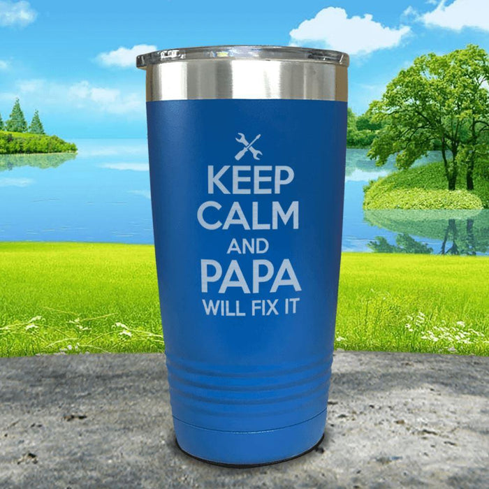 Keep Calm Papa Will Fix It Engraved Tumbler Tumbler ZLAZER 20oz Tumbler Blue 