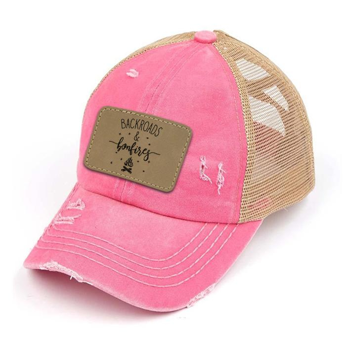 Engraved Distressed Backroads & Bonfires Patch Premium Ponytail Hat