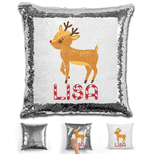 Personalized Reindeer Christmas Magic Sequin Pillow Pillow GLAM Silver 