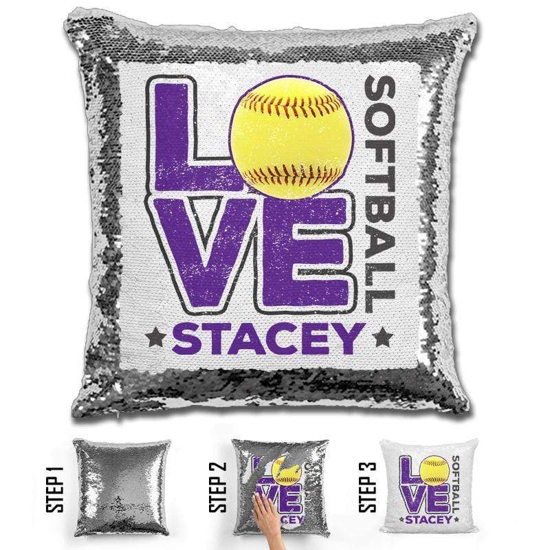 Personalized LOVE Softball Magic Sequin Pillow Pillow GLAM Silver Purple 