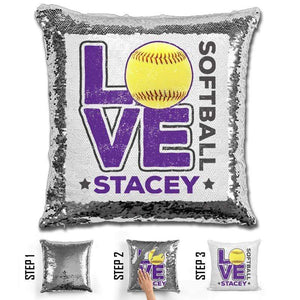 Personalized LOVE Softball Magic Sequin Pillow Pillow GLAM Silver Purple 