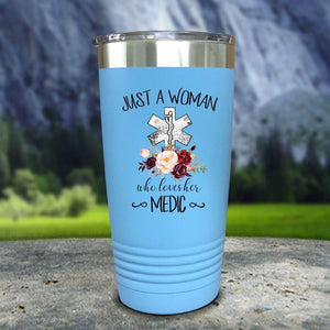 A Woman Who Loves Her Medic Color Printed Tumblers Tumbler Nocturnal Coatings 20oz Tumbler Light Blue 