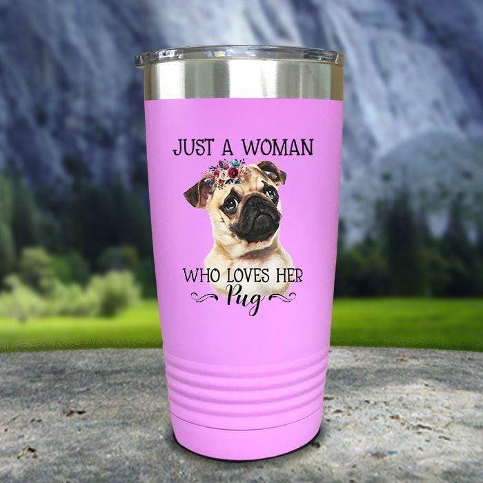 A Woman Who Loves Her Pug Color Printed Tumblers Tumbler ZLAZER 20oz Tumbler Lavender 