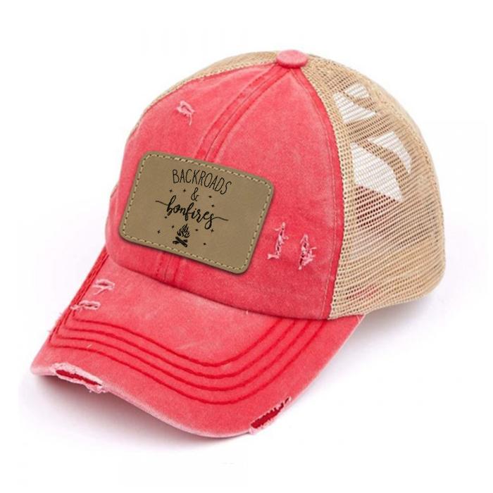 Engraved Distressed Backroads & Bonfires Patch Premium Ponytail Hat