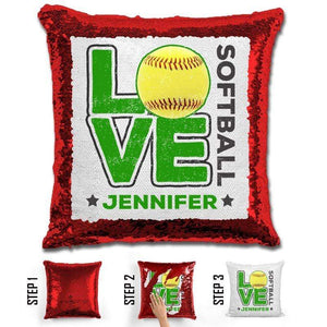 Personalized LOVE Softball Magic Sequin Pillow Pillow GLAM Red Green 