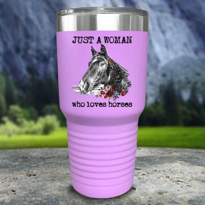 A Woman Who Loves Horses Color Printed Tumblers Tumbler Nocturnal Coatings 30oz Tumbler Lavender 