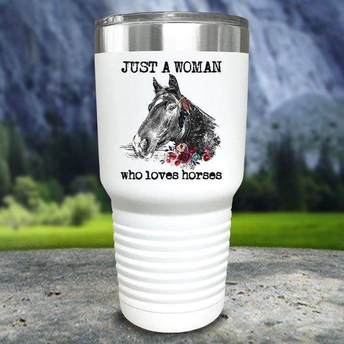 A Woman Who Loves Horses Color Printed Tumblers Tumbler Nocturnal Coatings 30oz Tumbler White 