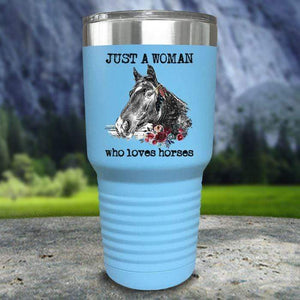 A Woman Who Loves Horses Color Printed Tumblers Tumbler Nocturnal Coatings 30oz Tumbler Light Blue 