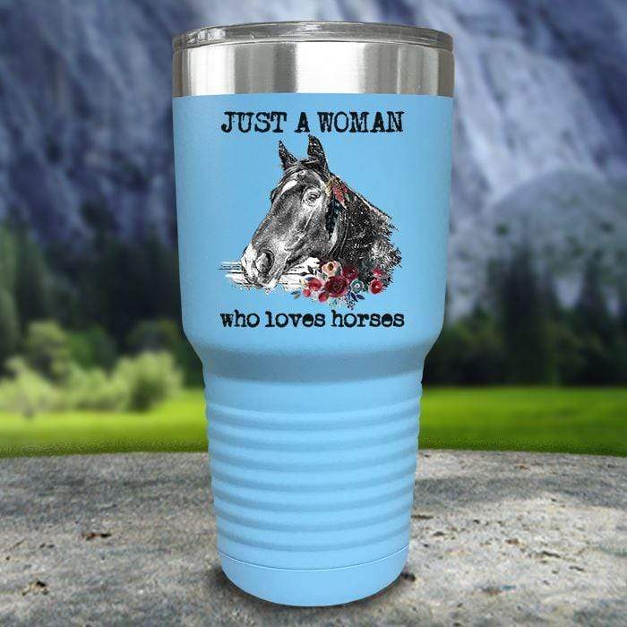 A Woman Who Loves Horses Color Printed Tumblers Tumbler Nocturnal Coatings 30oz Tumbler Light Blue 