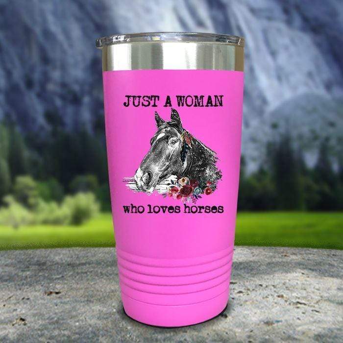 A Woman Who Loves Horses Color Printed Tumblers Tumbler Nocturnal Coatings 20oz Tumbler Pink 