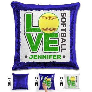 Personalized LOVE Softball Magic Sequin Pillow Pillow GLAM Blue Green 