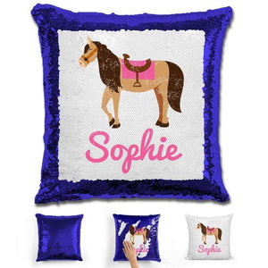 Horse Personalized Magic Sequin Pillow Pillow GLAM Blue 