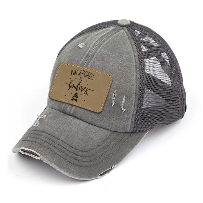 Engraved Distressed Backroads & Bonfires Patch Premium Ponytail Hat