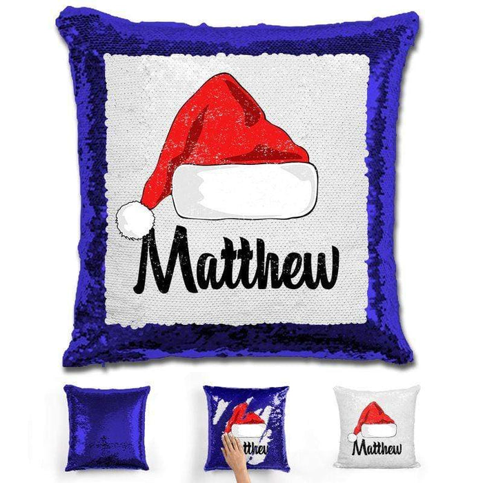 Personalized Santa Claus Hat Christmas Magic Sequin Pillow Pillow GLAM Blue 