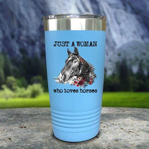 A Woman Who Loves Horses Color Printed Tumblers Tumbler Nocturnal Coatings 20oz Tumbler Light Blue 